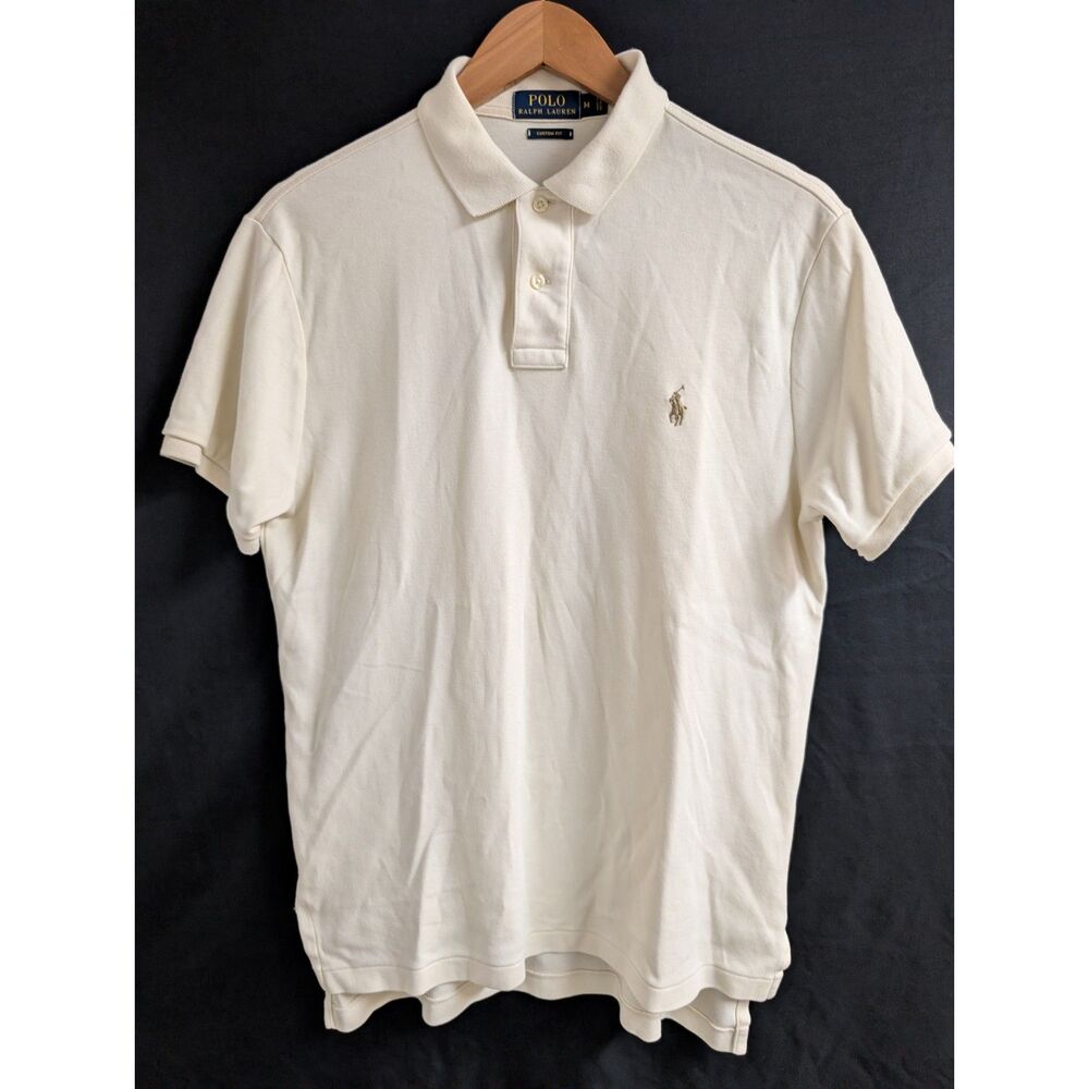 Polo Ralph Lauren Mens Medium Custom Fit Cream Off White Polo Shirt Tan Pony